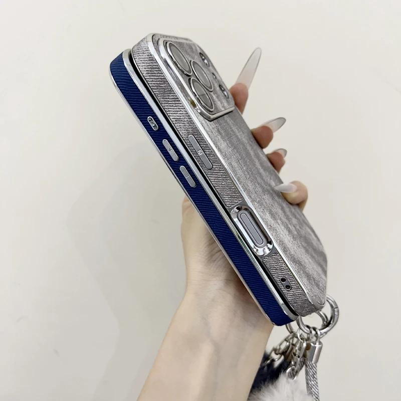 Matte Soft TPU Denim Texture PU Leather Plush Lanyard Phone Case For iPhone 17 Pro Max 15 14 13 16 Pro Max Plus Bumper Back Case view 4