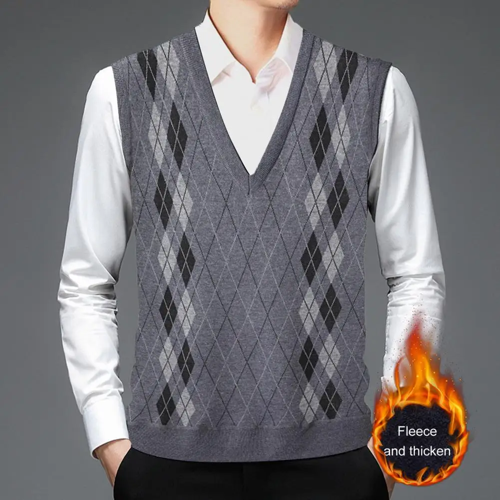 Men Knitting Vest V-Neck Sleeveless Thickened Plush Lining Pullover Waistcoat Rhombus Line Patterns Winter Vest Sweater 남성 조끼