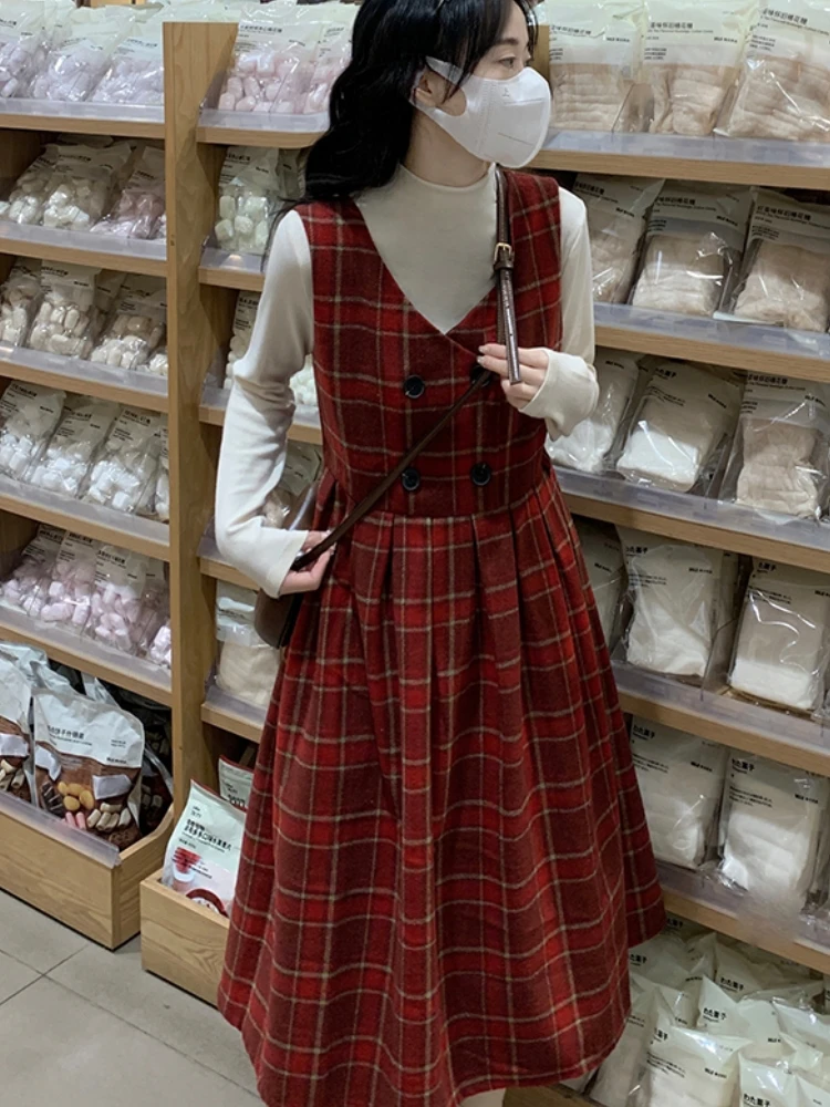 Midi Long Tank Dresses Women Spring Autumn Plaid Dress Korean Vintage Double-Breasted High Waist Woolen Dresses School Girl Jupe