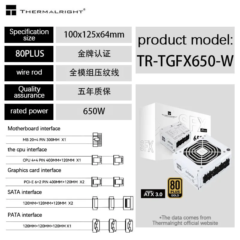 Imagem -03 - Ouro 750w Módulo Completo 850w 550w Sfx Pequeno Computador Host Itx Fonte de Alimentação Thermalright-tgfx650-w