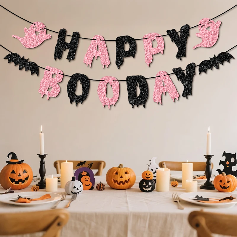 YOMDID Glitzer-Geburtstagsbanner „Happy Boo Day“ Partybanner mit Glückswünschen, Halloween-Geister und Fledermäusen, Geburtstagsdekorationen – Detail 10
