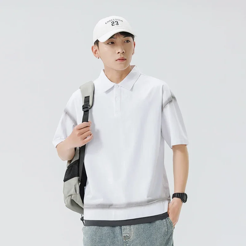 TFETTERS Brand Men's 2026 Summer New Fake Two-Piece Collar Tie-Dye Polo Shirt Streetwear Cotton Short Sleeve Trendy T-Shirt