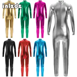 Kids Girls Figure Skating Jumpsuit Gymnastics Ballet Dance Yoga Leotard Metallic Mock Neck Full Body Athletic Bodysuit Dancewear