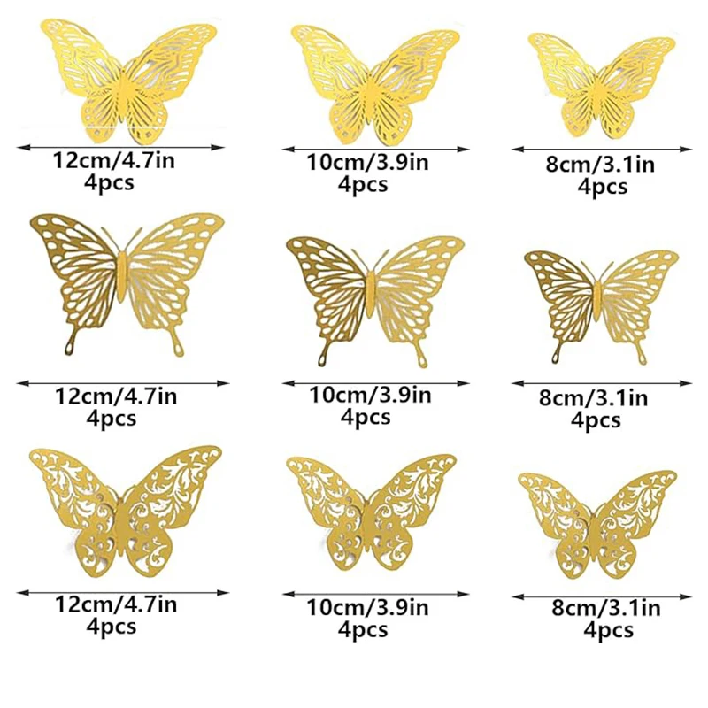 12 szt. 3D wydrążony motyl z tworzywa sztucznego papier laminowany szkielet naklejka na ścianę z motylem tło dekoracja domu wydarzenie wesele