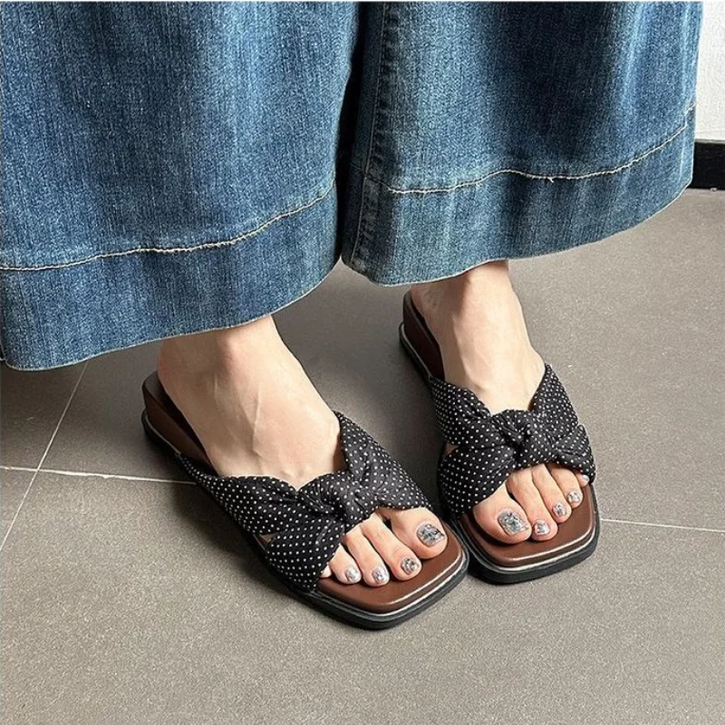 

Women's Polka Dot Bow Slide Sandals, Square Toe Wedge Platform Slippers, Summer Comfortable Versatile Outdoor Beach Slides