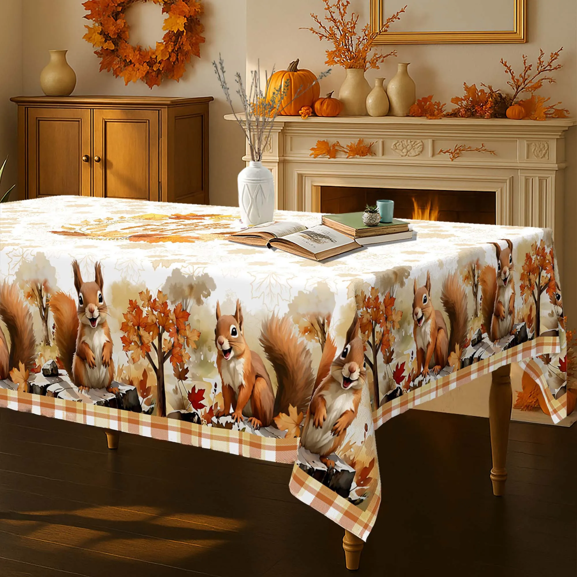 One autumn squirrel tablecloth - orange buffalo check pattern with maple leaves and squirrel designs, rectangular tableclothzyc