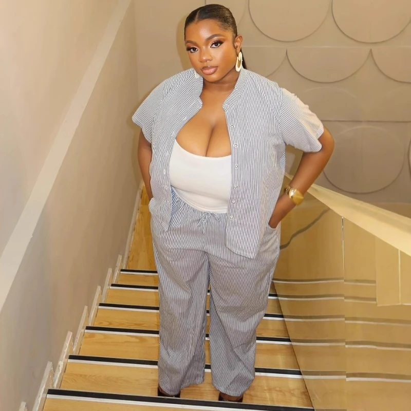 

Pant Sets Women Two Piece Striped Short Sleeve T Shirt Button Shirts Drawstring Wide Leg Long Pants Suit Casual Summer