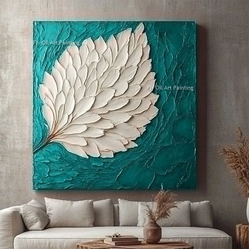 New Simple Pink White Knife Thick Abstract Leave Canvas Wall Art Large Original Green Navy White Oil Painting For Room Decor