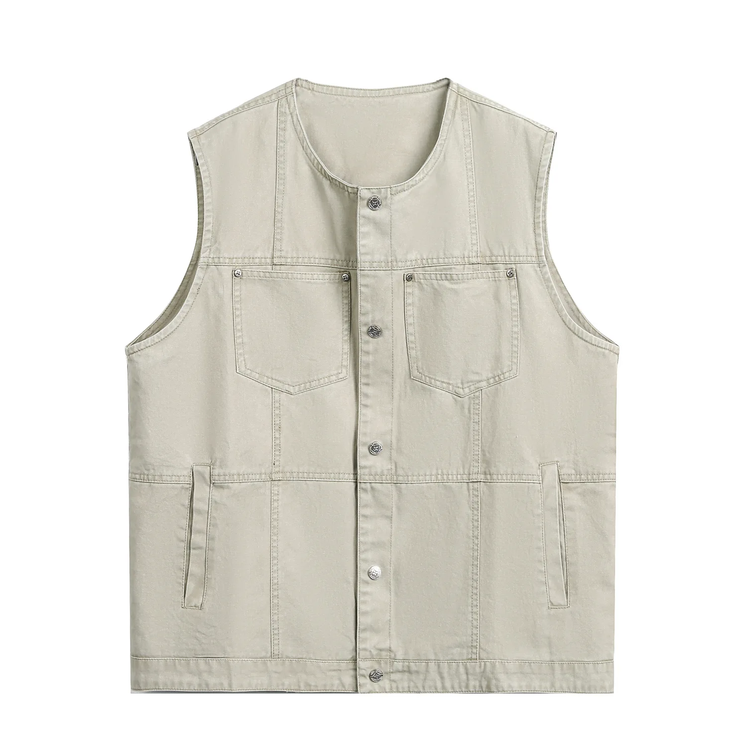 

Denim Men's Amekaji Sets Round Collar Solid Color Holes Design Single Breasted Sleeveless Vests Pleated Loose Male Jeans