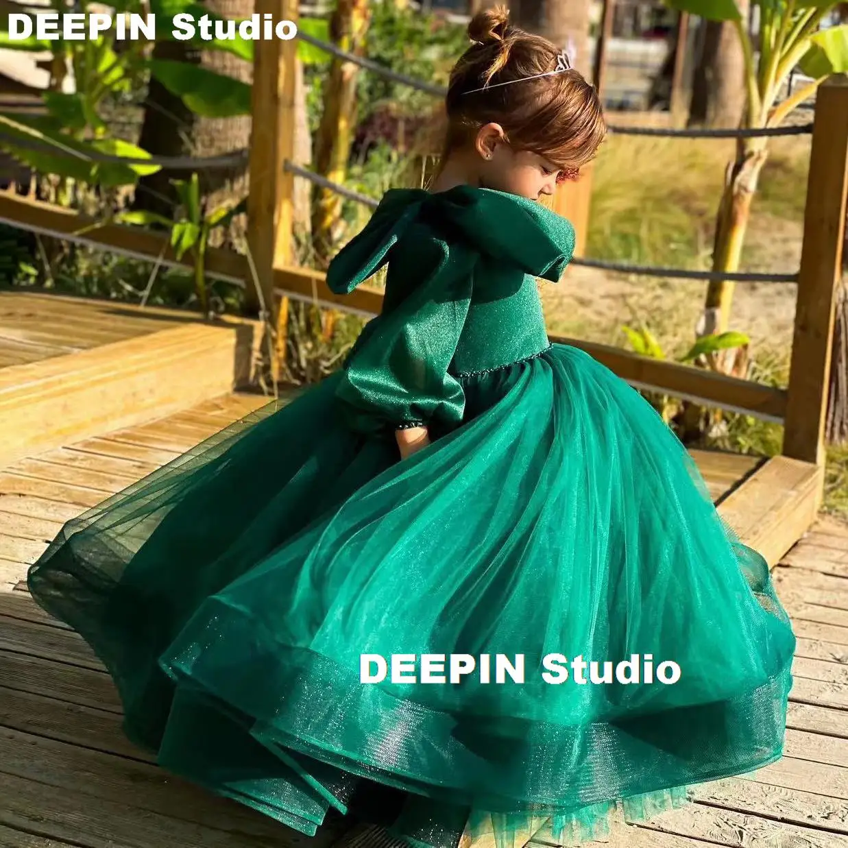 

Luxury Advanced Customization Girls Ball party Dress Green Party Dress Tiered Tulle Sleeves Puffy Flower Girl Dress For Weddings