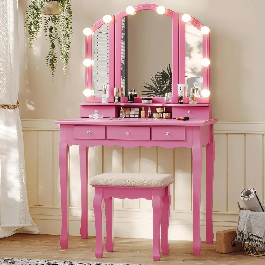 Compact Pink Makeup Vanity Desk with TriFold Mirror and Builtin LED Lights Featuring Wood Upholstered Stool 5 Drawers 8 Jewelry