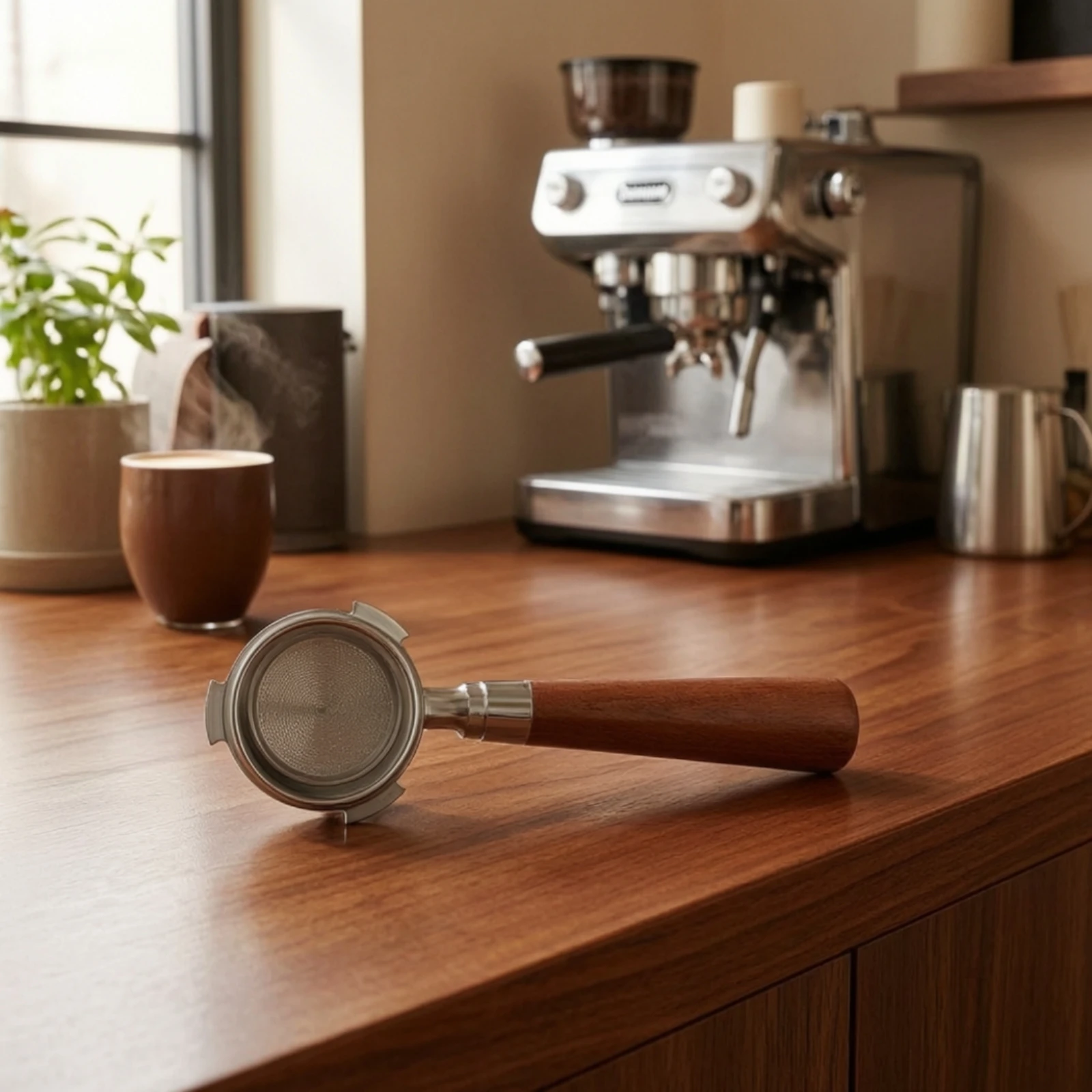 51mm Bottomless Portafilter Ergonomic Grip Uncovered Portafilter with Wood Handle Coffee Machine Part for Baristas, Cafe view 2