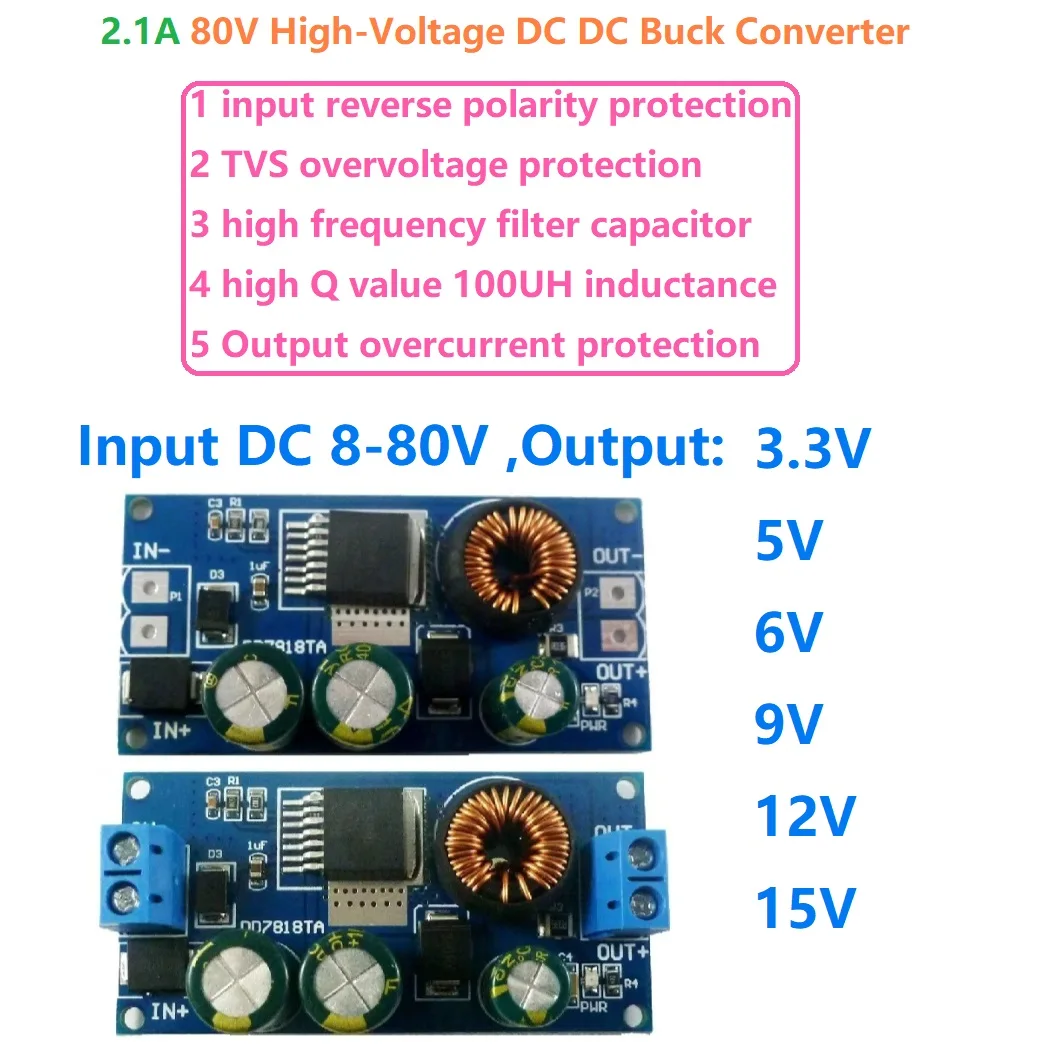 

Step-Down Regulator Module 80V 72V 64V 60V 48V 36V 24V to 15V 12V 9V 6V 5V 3.3V 2.1A High-Voltage EBike DC-DC Converter Buck
