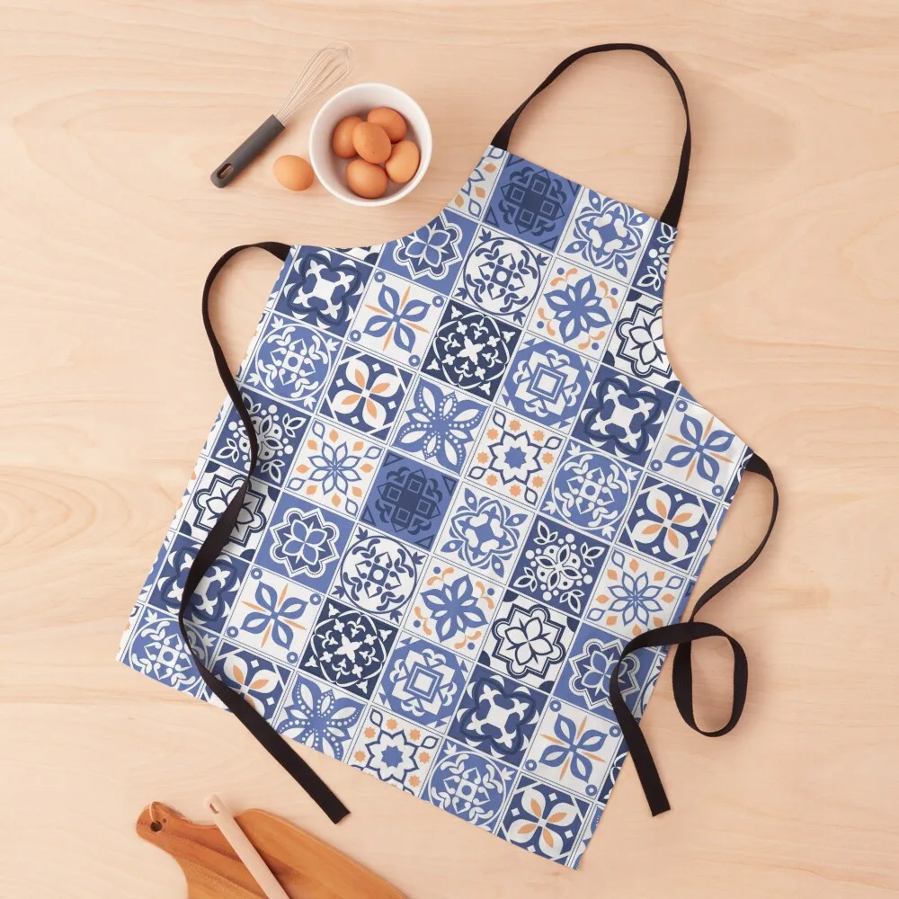 Tablier de carreaux portugais bleu pour coiffeur, accessoires de cuisine spéciaux pour hommes et femmes