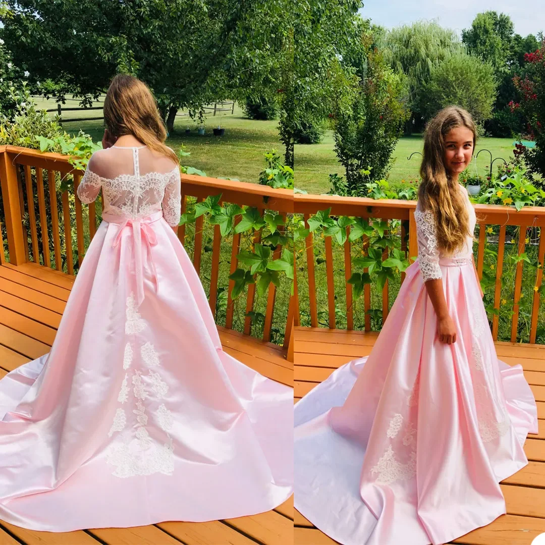 2024 moda vestido da menina de flor para vestidos de festa de casamento uma linha até o chão manga curta rendas apliques primeira comunhão vestido