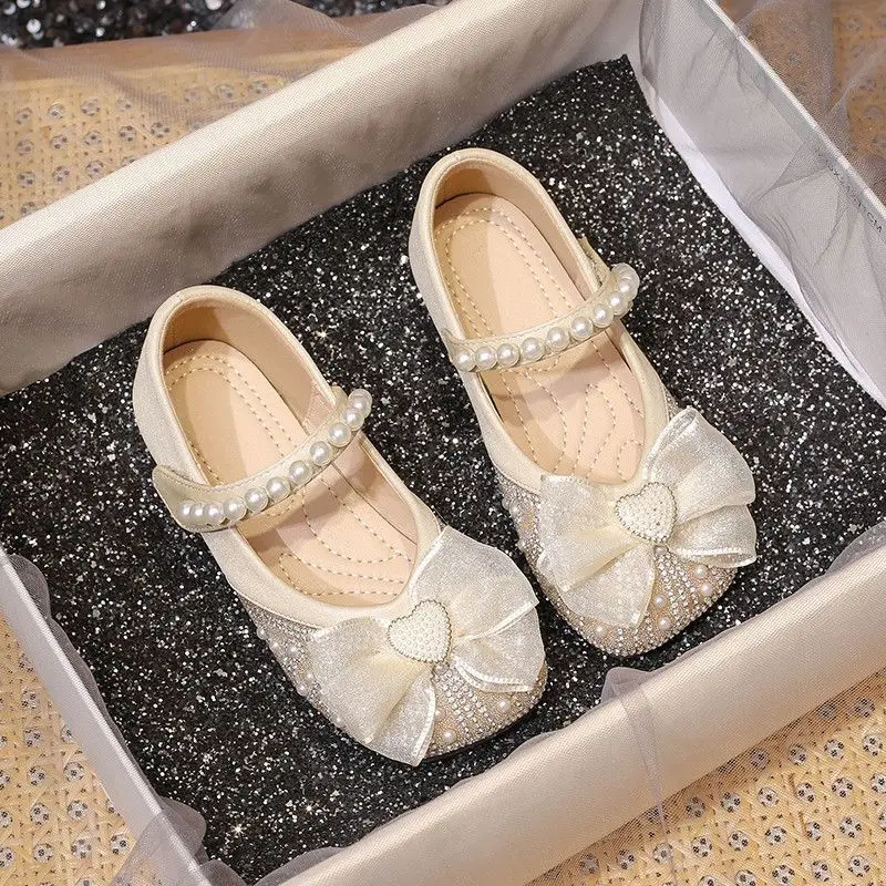 Princess shoes for girls2024Summer New Crystal Shoes Spring and Autumn Shoes Bow Soft Bottom