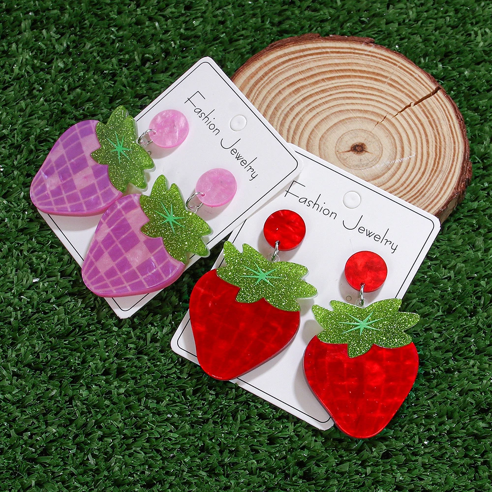 WELBACK 1 Pair of Multicolor Check Strawberry Earrings Fashion Creative Acrylic Earrings Pastoral Style Earrings for Women
