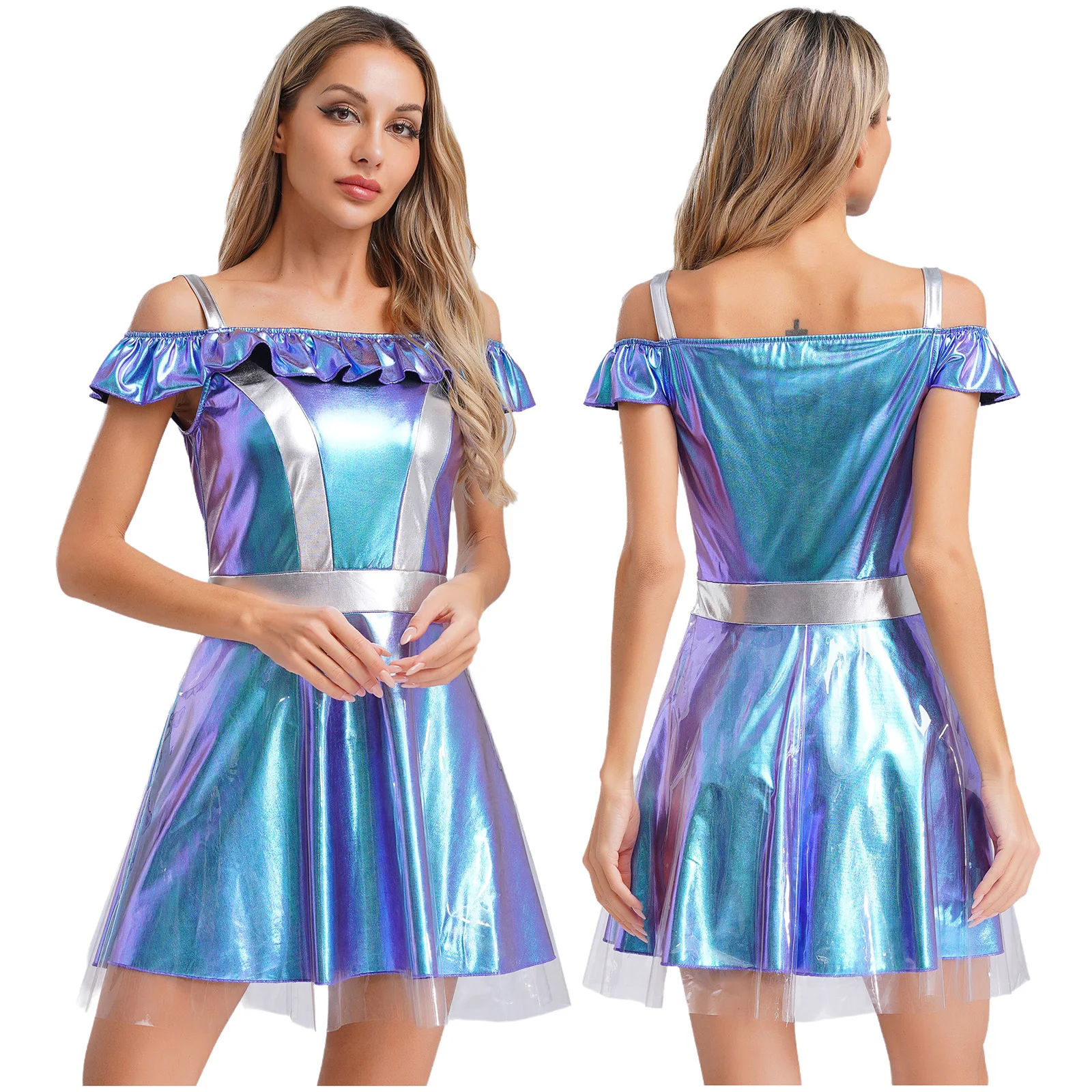 

Womens Halloween Space Fighter Alien Dress-up Costume Cold Shoulder Sleeveless Metallic Shiny Dress for Cosplay Party Club Wear
