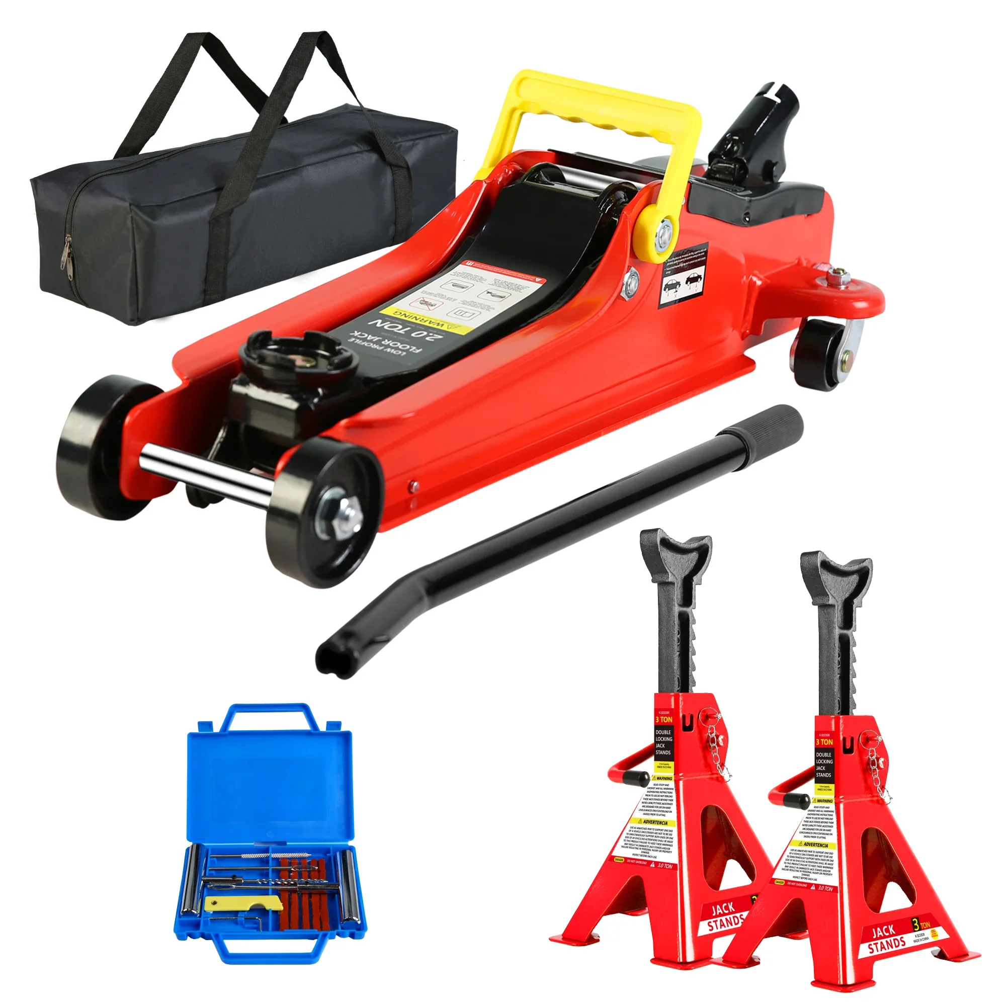 Floor Jack, 2 Ton Low Profile Floor Jack, 3t jack stand Tire Repair Kit Heavy Duty Steel Racing Floor Jack with Single Piston Qu