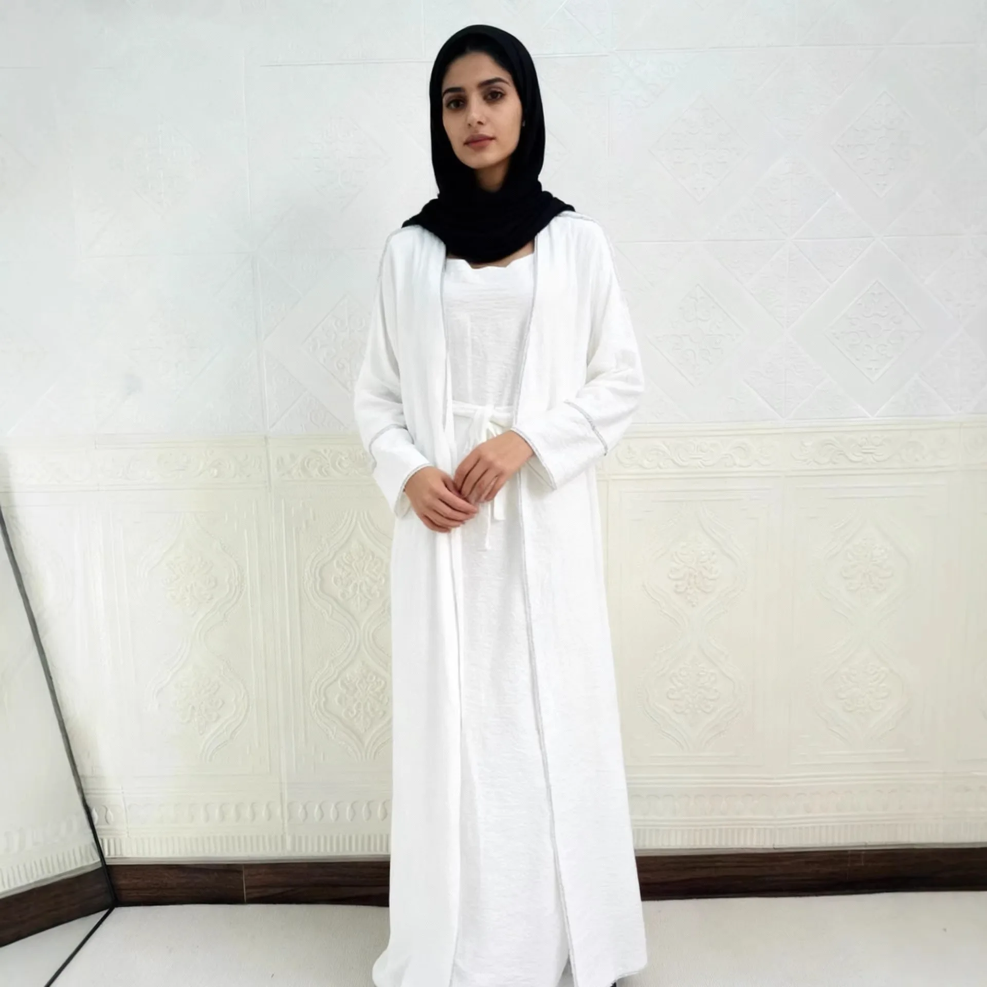 

New Ramadan Prayer Open Kimono Abaya 2 Piece Set Inner Dress Women Long Sleeve Abayas Scarf Kaftan Djellaba Dubai Party Vestidos