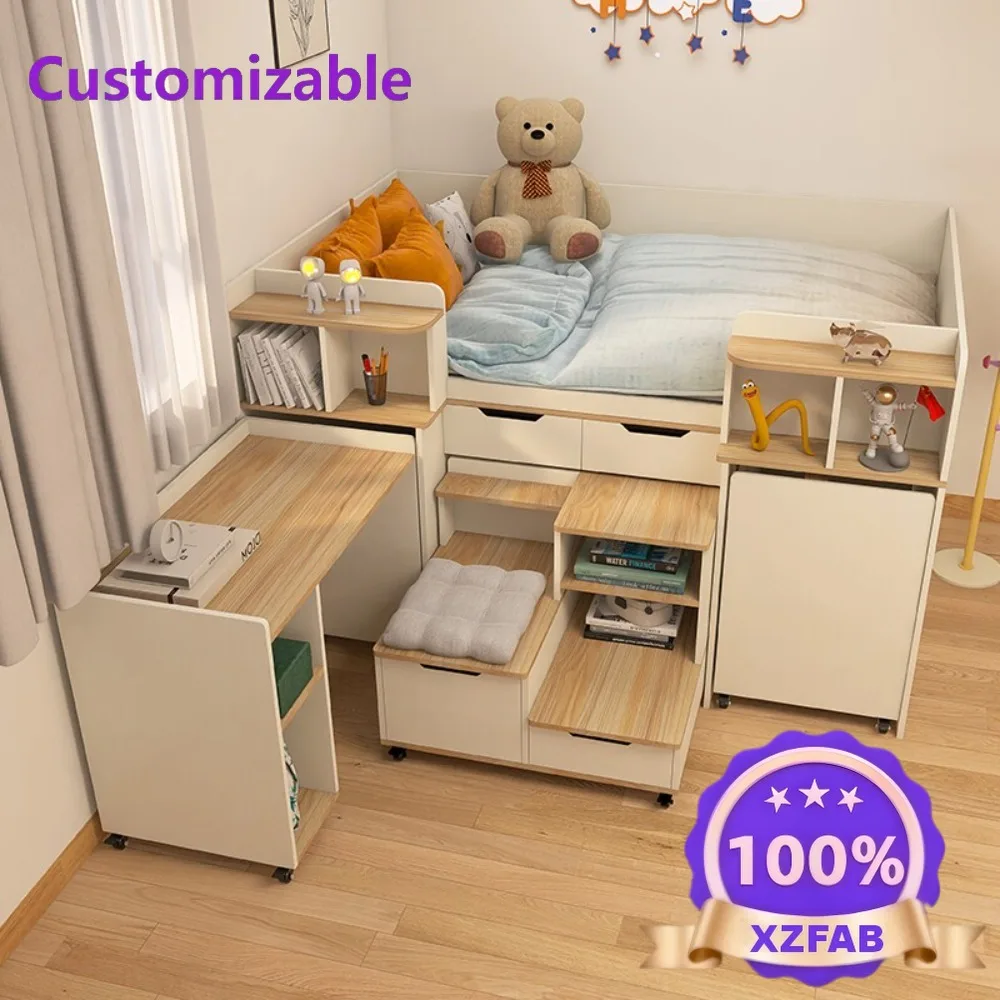 Factory Direct 2026 Mid-high Bed with Integrated Desk & Wardrobe Solid Wood Multifunctional Kids Bed, Pull-Out Storage, Space