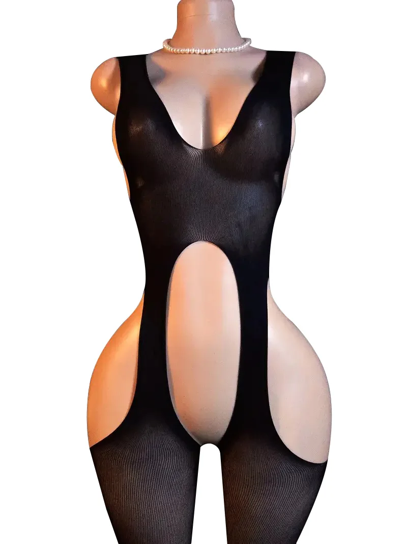 

Women's Temptation High Slit Jumpsuit Backless Detail Open Cut Passionate Design with Black Stockings Size XS-XXL