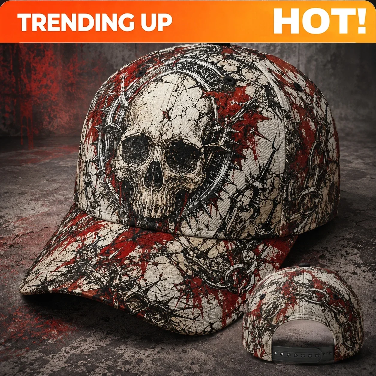Baseball Cap, Men'S Hat, Men'S Cap, Zip-Back Cap, Men'S Summer Hat, Skull Chain, Red Splatter, Grand Theme, Dark Street Art
