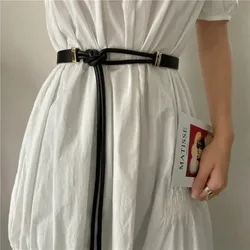 Fashion Non-hole Knot Style Belts Lace-up PU Leather Waist Strap Solid Color Thin Belt Woman