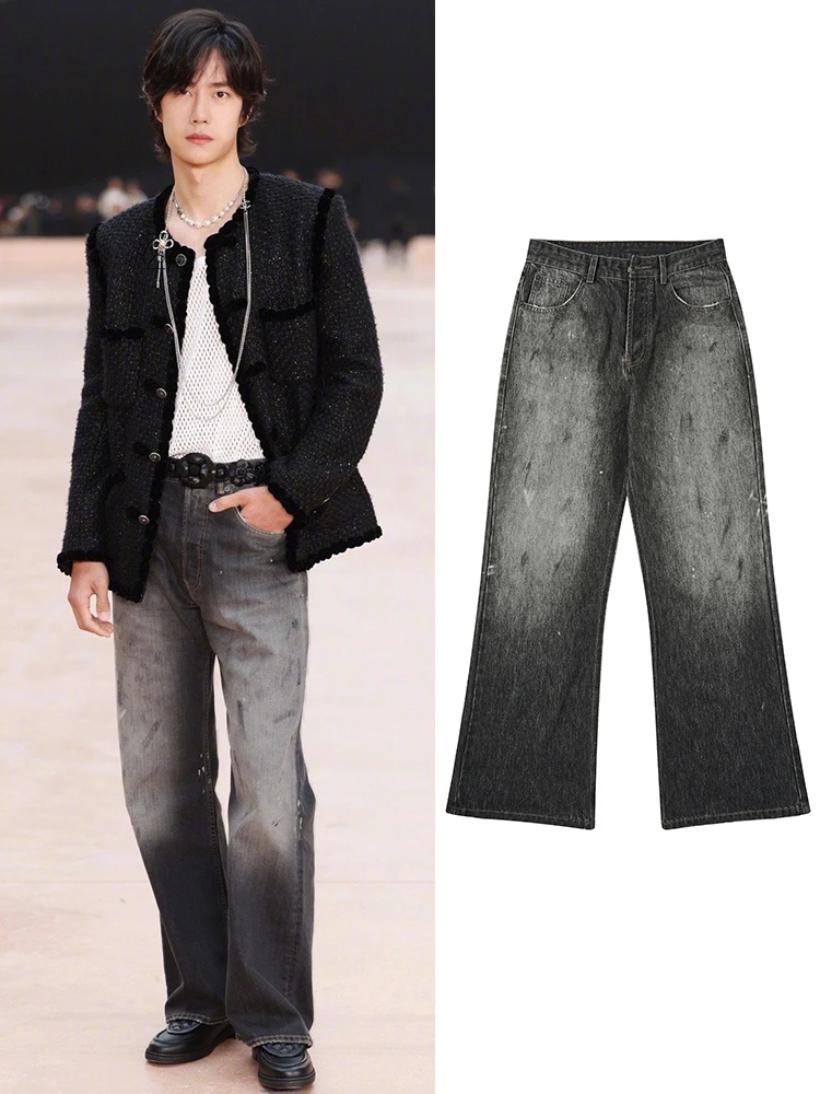 

Wang Yibo Paris American Retro Men's Jeans Spring Black Splashed Dyeing Loose Micro Flared Straight Leg Long Trousers