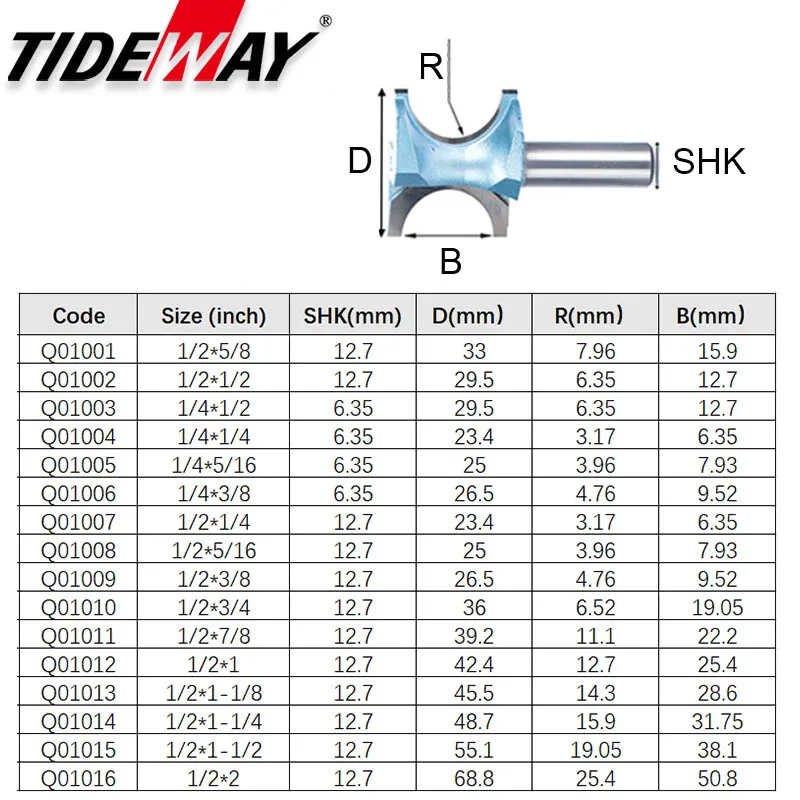 Tideway Industrial Grade Semicircular Milling Cutter Wood Milling Router Bit Boring Trimming Machine Curved Round Edge CNC Bit