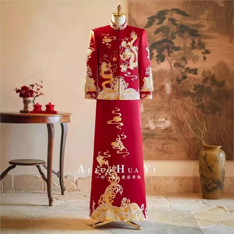 

Новое красное свадебное платье в китайском стиле для мужчин с изображением дракона и феникса.