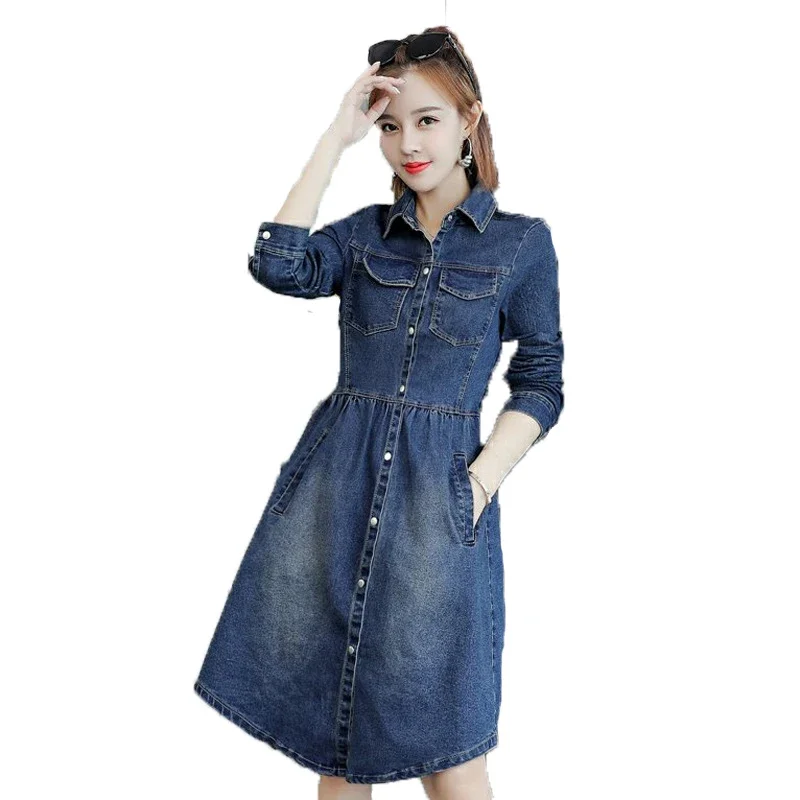 

Spring Autumn Women Denim Dress Fashion Single-breasted Long Sleeve Knee Length Dress Elegant Slim Office Lady Work Jean Dresses