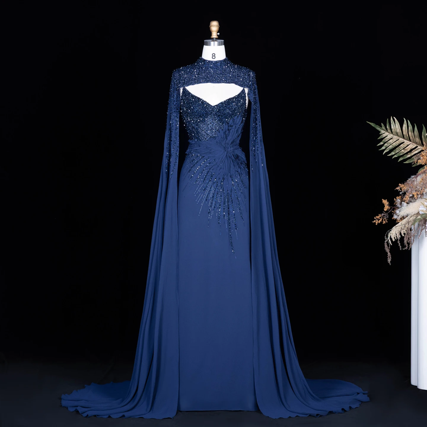 Sharon Said Abendkleider Luxuriöse Meerjungfrauen-Kleider mit V-Ausschnitt, Chiffon, Kristallen, Arabisch, Dubai, formelle Partykleider mit Umhang SS074 Maßanfertigung – Detail 5