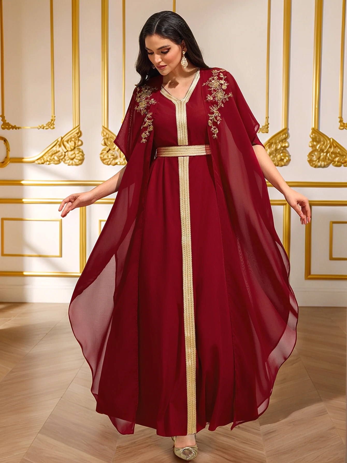 Luxury Burgundy Heavy Gold-Embroidered Arabic Abaya  Cape-Sleeve Open-Front Dress  Banquet / Party Gown