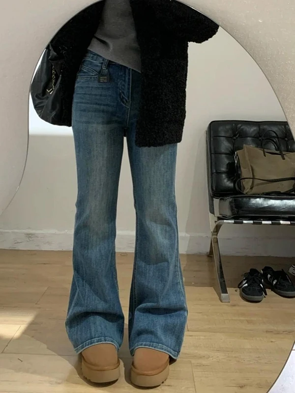 

Большие размеры Fce Lined Thiened Micro Flared Jeans Женские зимние грушевидные брюки с высокой талией и прямыми штанинами-копытами