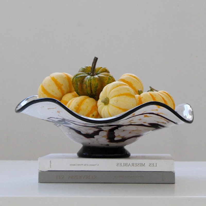 

Glass Tray Wavy-edge Polka-dot Fruit Plate Snack Bowl Desktop Storage Container Black and White Glass Tray Jewelry Dish