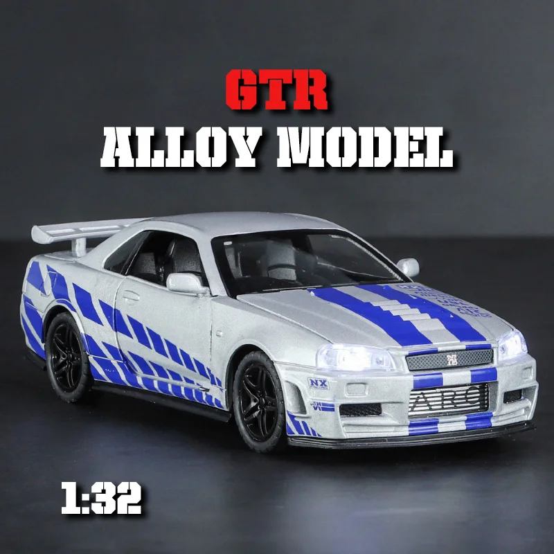 1:32GTR34 alloy sports car model, exquisite body, four-wheel shock absorption, cool sound and light, unique desktop decorations