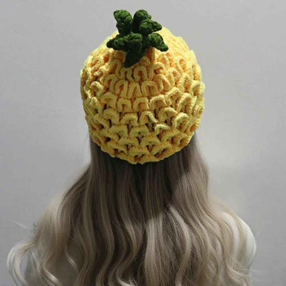 

Playful Warm Knitted Fruit Hat Thick Handmade Strawberry Pullover Cap Stretchy Brimless Pineapple Beanie Winter Head Accessory