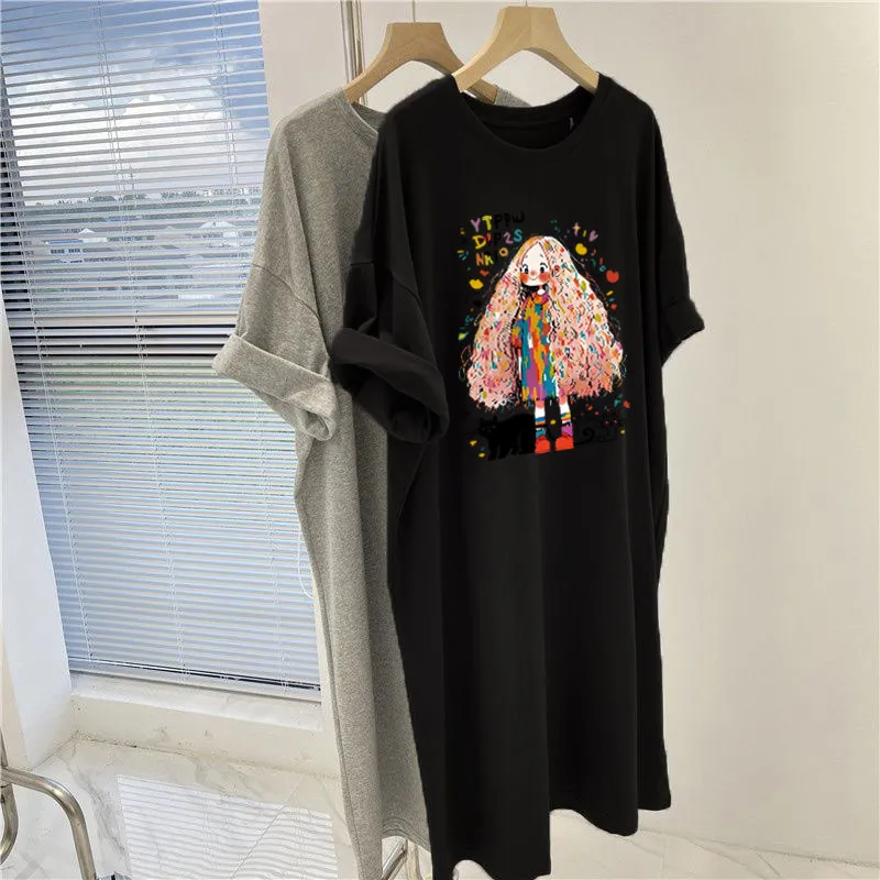 plus Size Retro Casual Short Sleeve T-Shirt Dress Summer Loose Belly Covering Slimming Long Skirt Women's Fashion Daily Wear