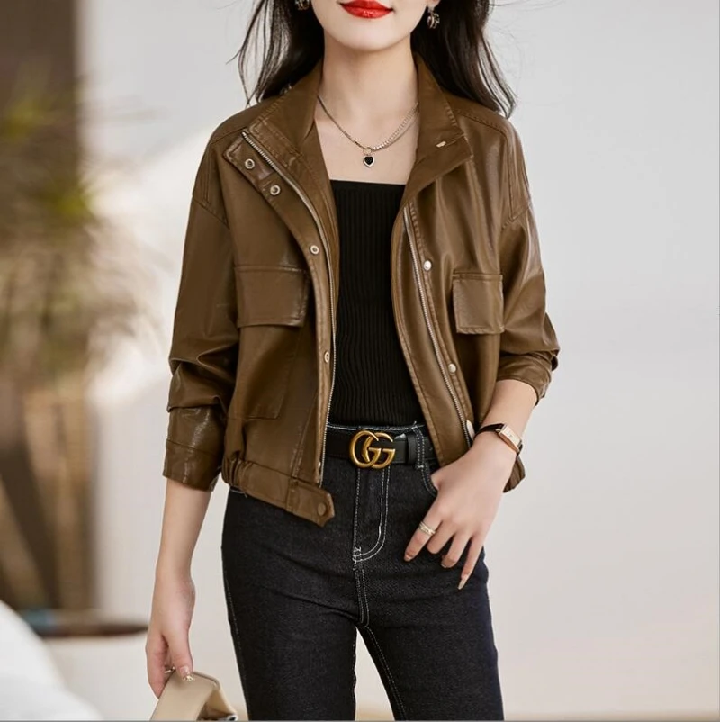 Black Woman Leather Jacket Vintage Bomber Coat Fashion Zipper High Street Female PU Coat Outwear Moto Biker Jackets