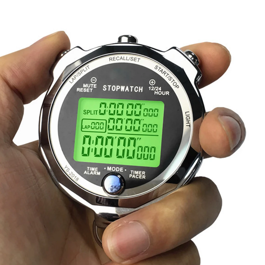 Portable Backlight Stopwatch Metal Athletic Training Timer 1/1000th Second 3 Lap Memory Digital Stop Watch