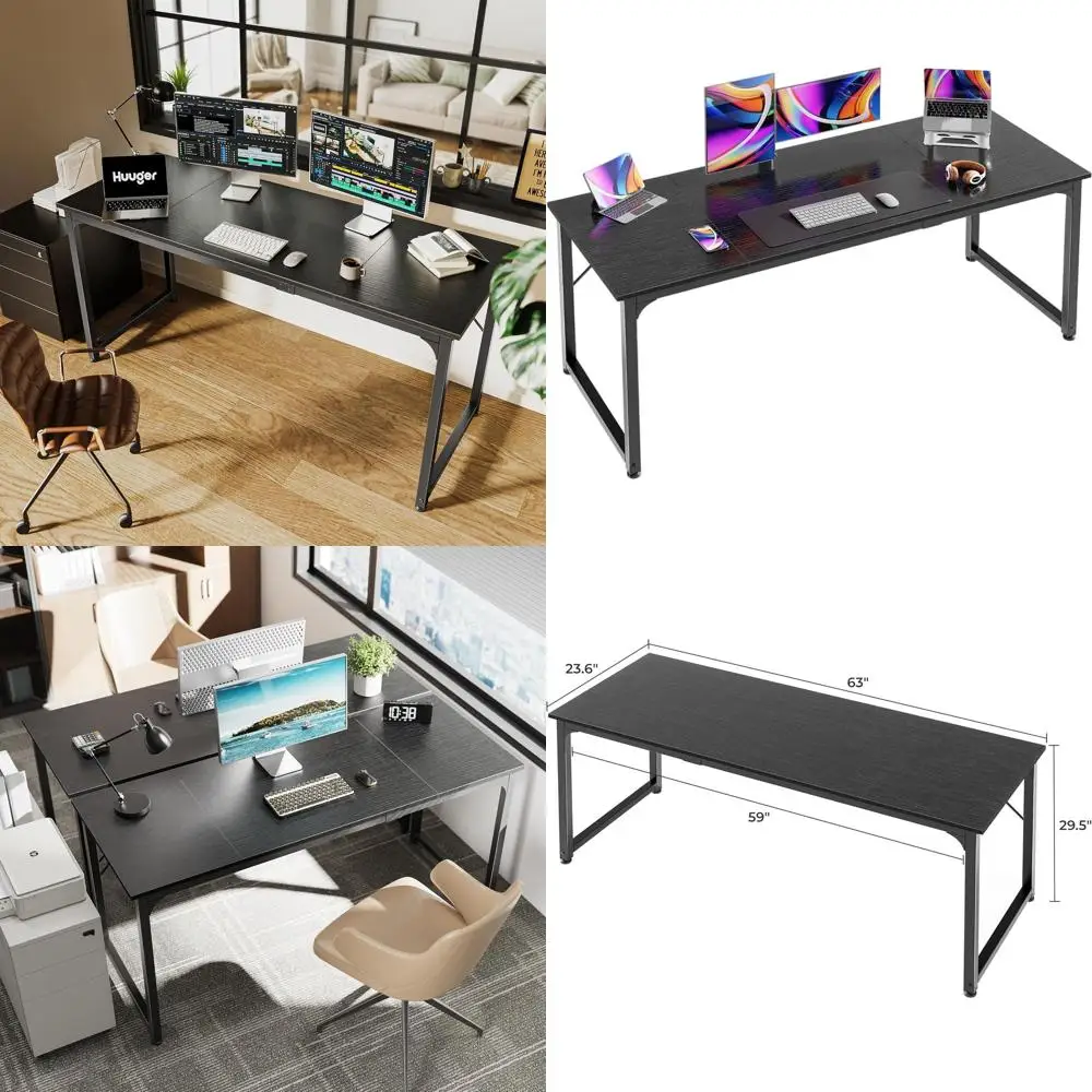 63 Gaming and Writing Desk with Storage, Spacious Legroom, Metal Frame, Black