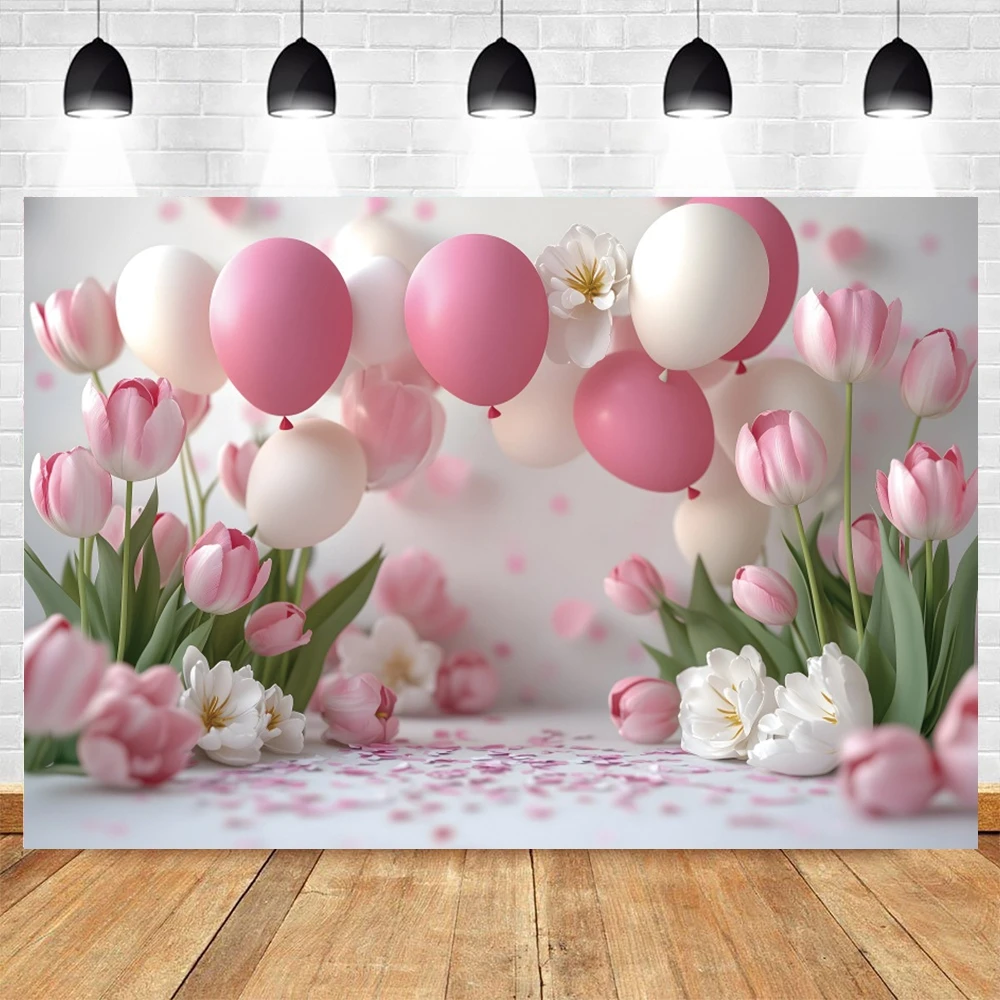 Girls Birthday Party Photography Backdrop Pink Tulip Flowers Balloon Arch Baby Shower Portrait Photo Background Photostudio Prop