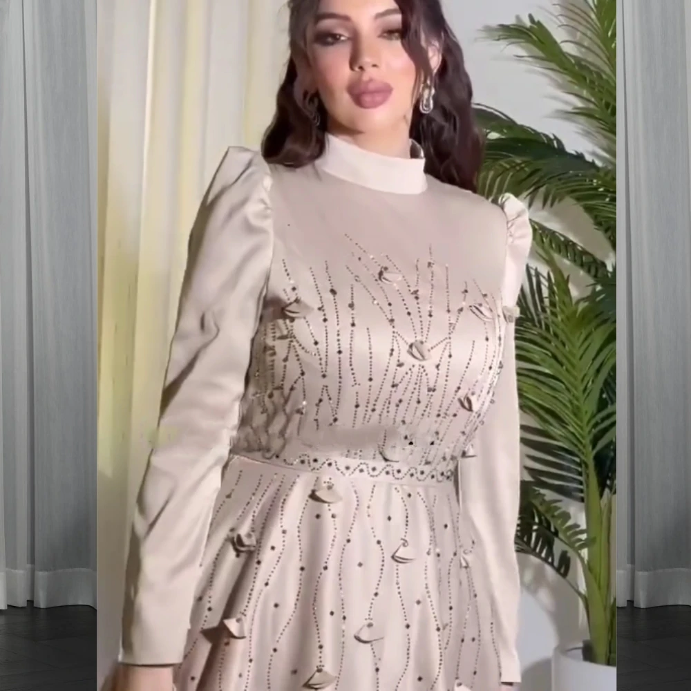 Personalizado noite arábia saudita cetim miçangas apliques cocktail festa a linha gola alta sob medida ocasião vestido midi vestidos