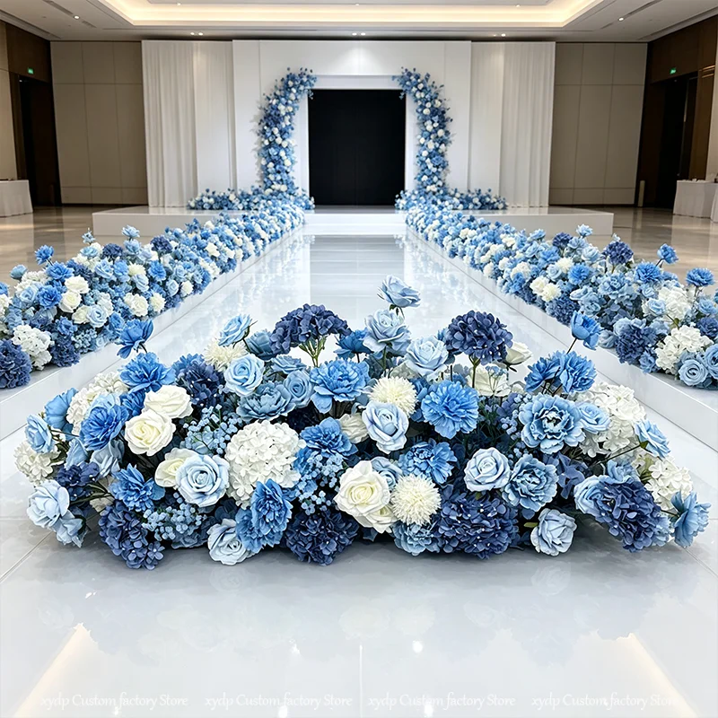 5D Blau-Weiße Künstliche Blumenreihe Rosen-Hortensien-Treppenblumen Sofa-Läufer Hochzeitsdekoration Gang Bühnenhintergrund-Arrangement – Detail 3