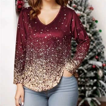 Starlight Gradient Print T Shirt Frauen Party Langarm Lose Plus Größe Tops Mode Weihnachten Festival Casual V-ausschnitt T-shirt