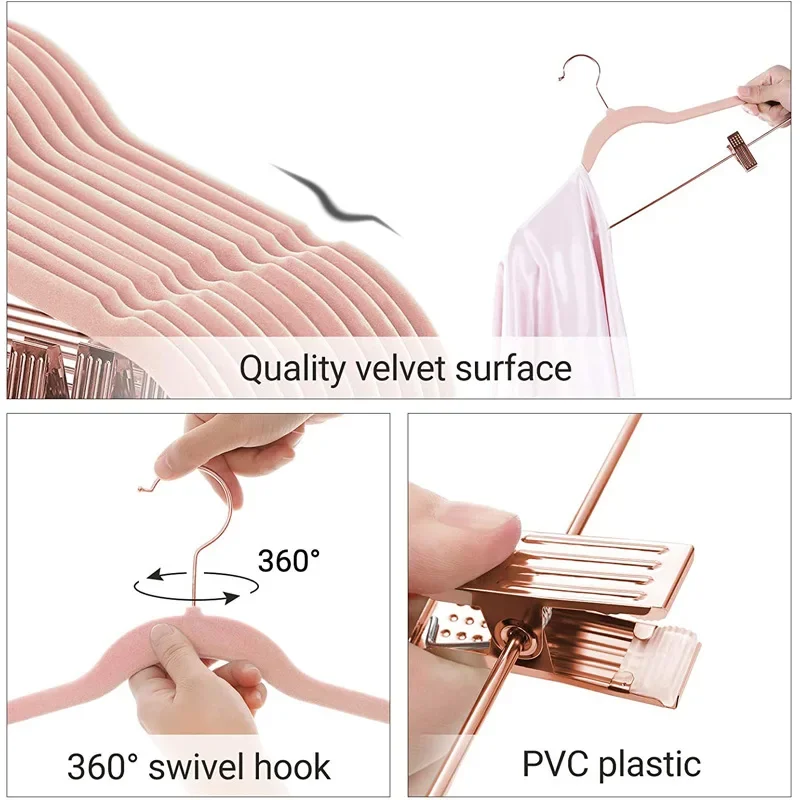 10Pcs Flocked Hangers with Rose Gold Metal Clips - Multifunctional Home Organization Non-Slip Velvet Pants and Skirt Hangers
