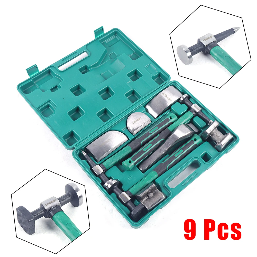 Auto Sheet Metal Repair Tool 9-Piece Set Car Panel Dent Sheet Metal Crowbar Repair Kit Hammer Beating Repair Set Steel