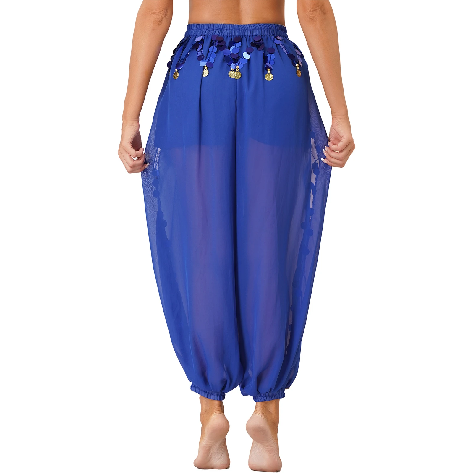 Womens Arabic Belly Dance Pants Stage Performance Costume Side Split Sequins Bloomers Semi See-Though Loose Harem Pants