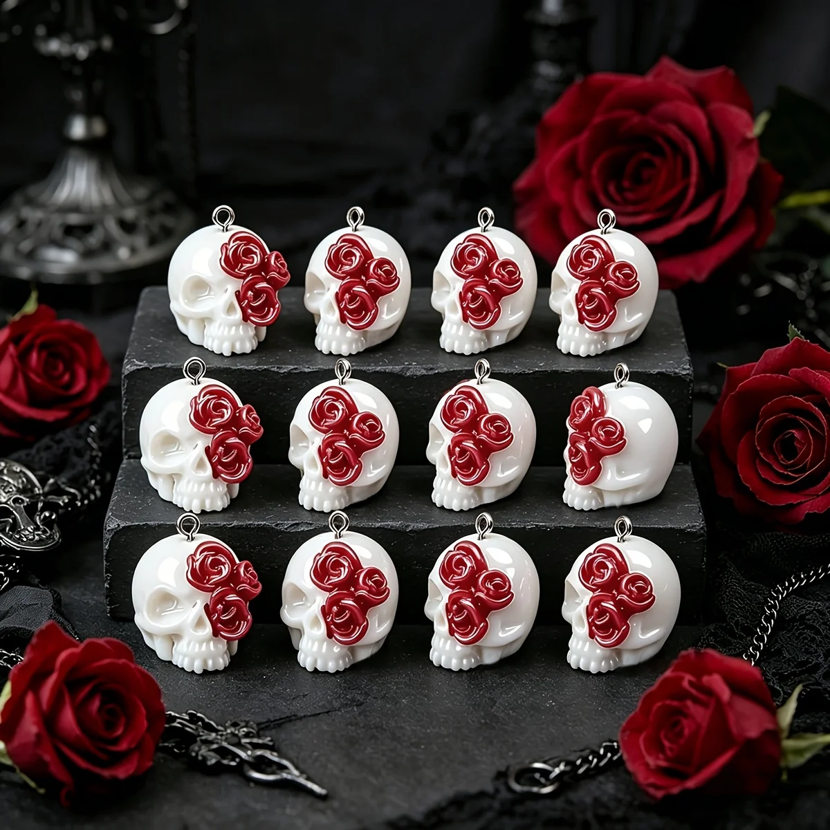6 Stück Rosen-Totenkopf-Anhänger aus Kunstharz im Gothic-Stil, Halloween-Dekorationen, DIY-Schmuckherstellung, handgefertigtes kreatives Geschenkzubehör
